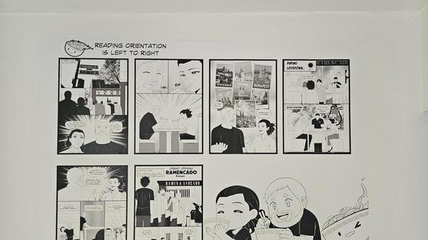 Ein Cartoon auf der Wand des Restaurants erzählt die Geschichte, wie aus Fans Kollegen wurden.