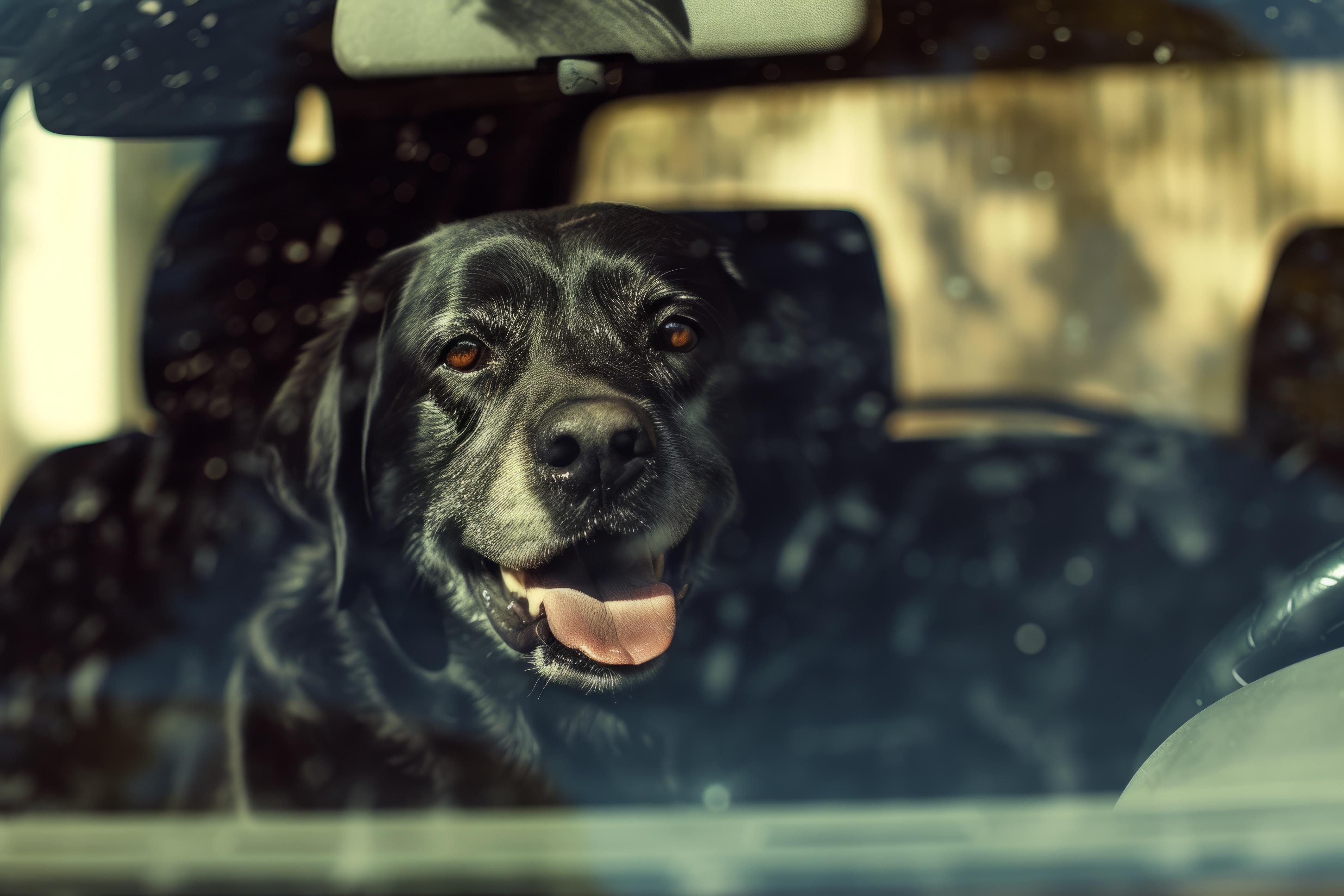 Older black dog panting inside a car in bright sunshine, too much heat. Concept heat stroke, precaution
