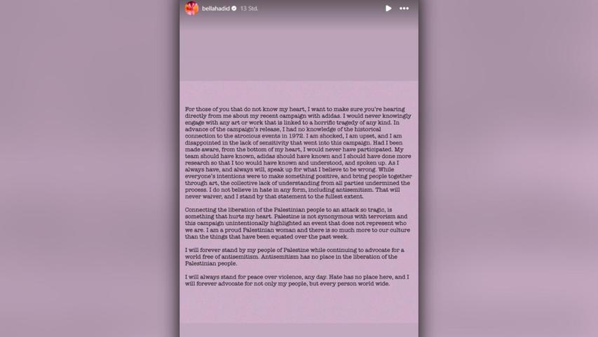 Bella Hadid reagierte mit einem Story-Beitrag auf Instagram erstmals auf die Kritik an ihr und der Adidas-Kampagne. Bella Hadid reagierte mit einem Story-Beitrag auf Instagram erstmals auf die Kritik an ihr und der Adidas-Kampagne.