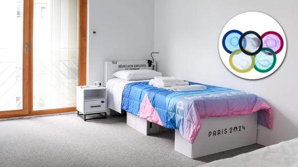 Collage Bett Olympia 2024 und Kondome