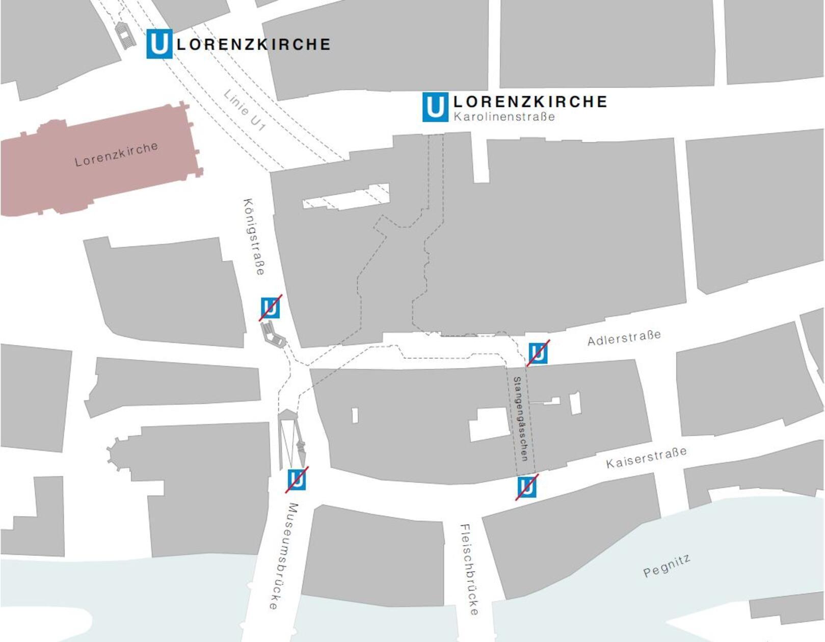 Bis voraussichtlich Ende August 2024 kann der Aufzug des U-Bahnhofes Lorenzkirche nicht genutzt werden. Fahrgäste, die auf einen Aufzug angewiesen sind, werden gebeten, an den U-Bahnhöfen Hauptbahnhof oder Weißer Turm auszusteigen und hier den Aufzug zu nutzen. Sie können von dort aus dank des "VAG-Serviceversprechens" kostenfrei mit dem Taxi zum U-Bahnhof Lorenzkirche fahren, betont die Stadt Nürnberg. Umgekehrt gilt dies auch: Wer am U-Bahnhof Lorenzkirche einsteigen will, kann sich von dort aus zum U-Bahnhof Hauptbahnhof oder Weißer Turm fahren lassen. Das Taxi ist über das VAG-Servicetelefon mit der Nummer (0911)2 83-46 46 zu bestellen.