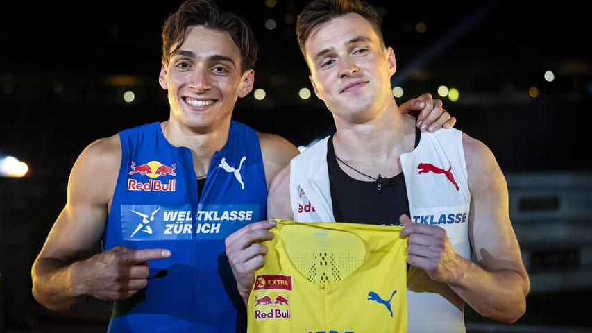 In dem Show-Rennen über 100 Meter gewann Duplantis (l) am Mittwoch klar gegen Warholm. In dem Show-Rennen über 100 Meter gewann Duplantis (l) am Mittwoch klar gegen Warholm.