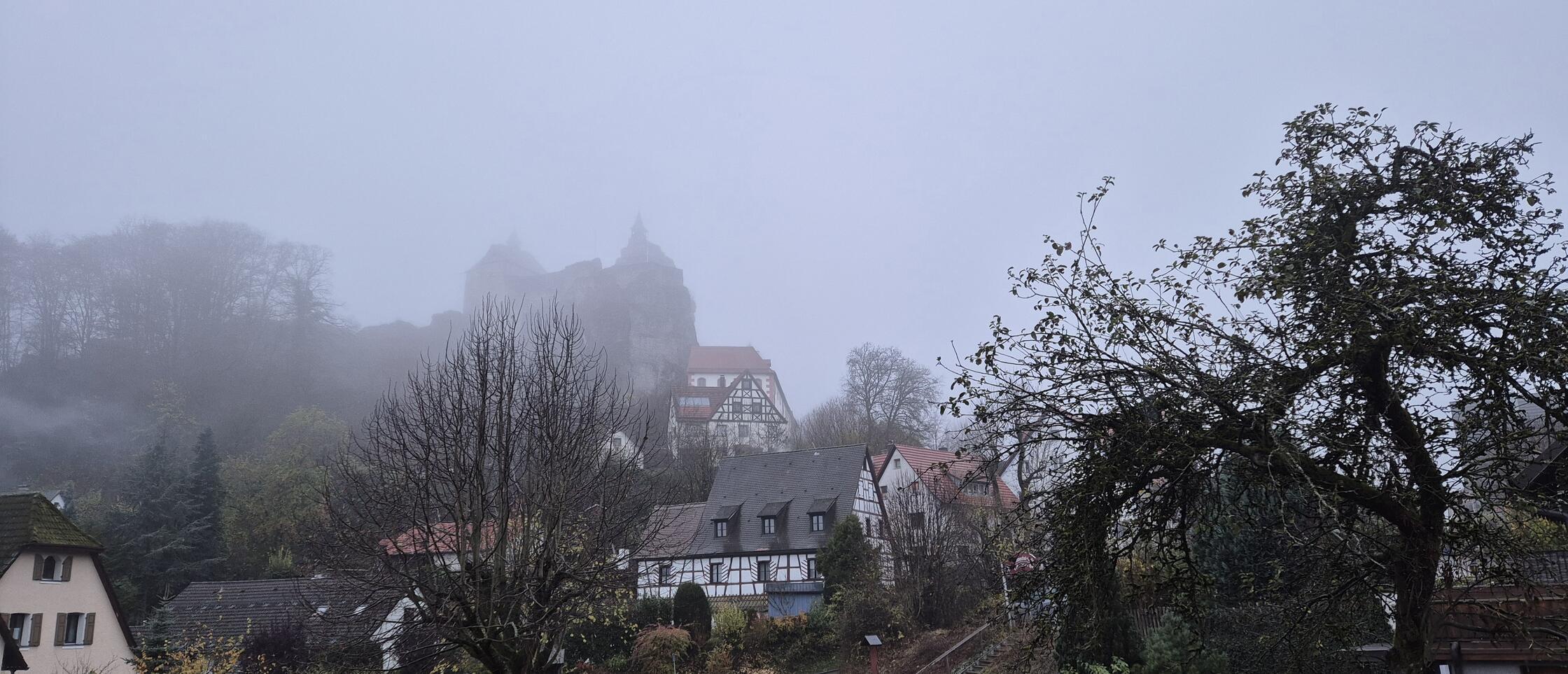 Die Burg Hohenstein, eingehüllt im Nebel.