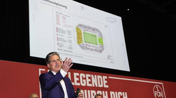 Ein Hauptthema die JHV: Der Stadion-Neubau. 30 Millionen Euro müsste der Club dafür selbst berappen, insgesamt würden 300 Millionen Euro fällig. Immerhin: Heim präsentiert Pläne - es würde wohl wieder ein Achteck.