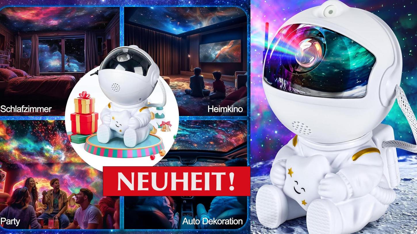 Der Projektor sitzt im Astronauten-Helm und lässt sich um 360 Grad drehen. Der Projektor sitzt im Astronauten-Helm und lässt sich um 360 Grad drehen.