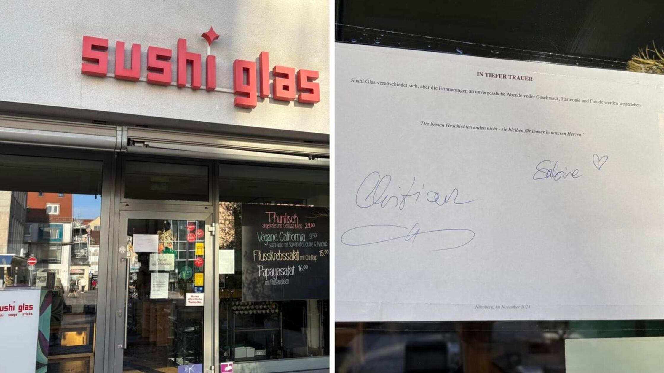 Direkt am Kornmarkt und unmittelbar in Innenstadtnähe stand jahrelang das Sushi Glas: Als regelrechte Institution hatte das Restaurant über Jahrzehnte hinweg Nürnberg mit allerlei japanischem Sushi beliefert. Trotz Beliebtheit schrieb das Restaurant offenbar rote Zahlen. Nach vielen Jahren Betrieb verabschiedete sich im November mit dem „Sushi Glas“ einer der ältesten Sushi-Läden Nürnbergs von seinen Gästen. "In tiefer Trauer" wurden die Türen final geschlossen.