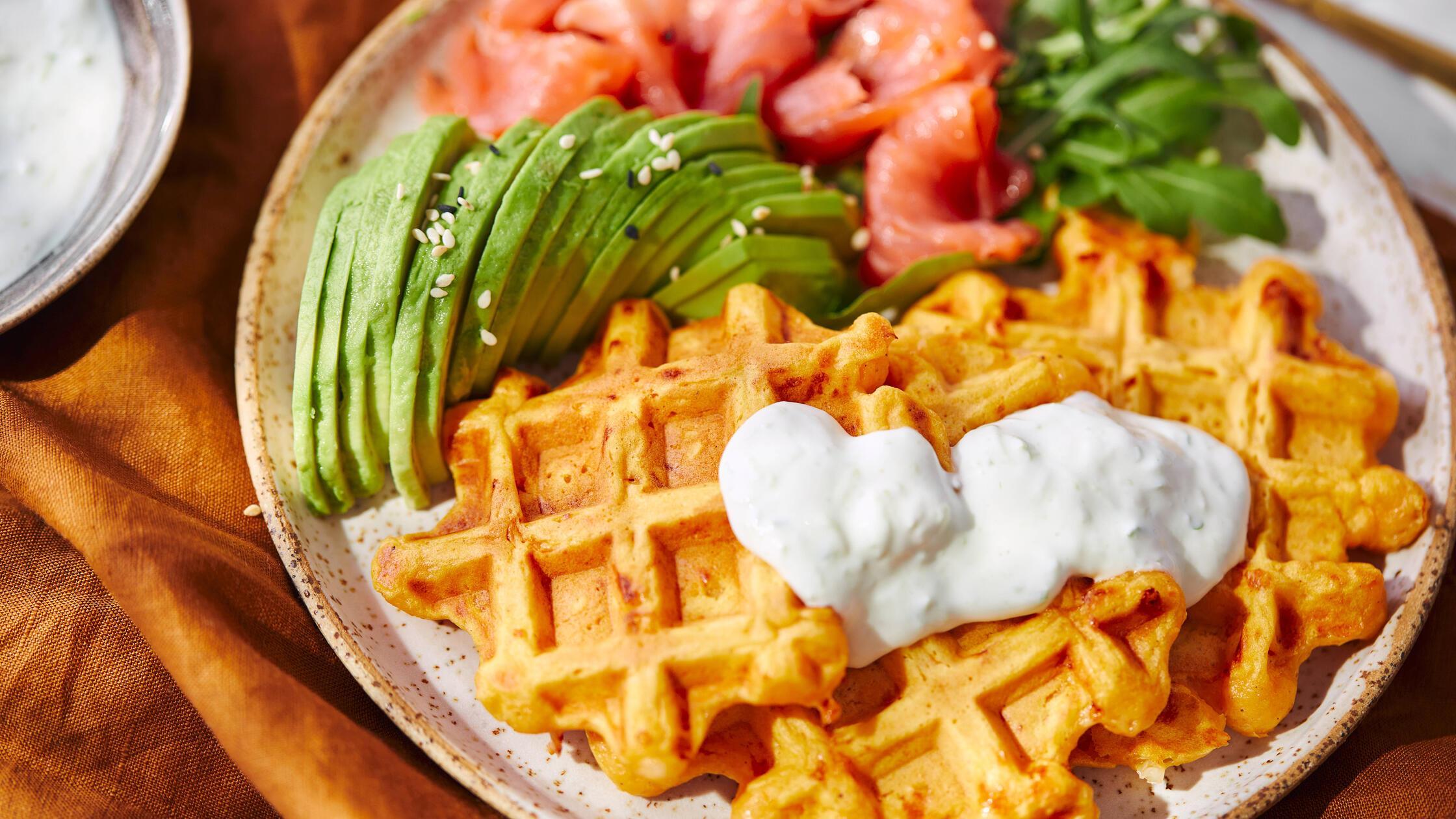 Hearty sweet potato or pumpkin waffles with avocad