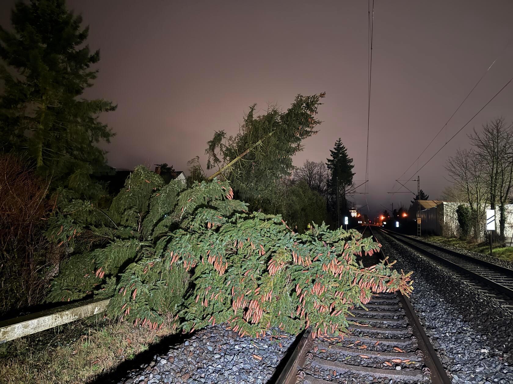 Außerdem kam es zu einem Einsatz an der Bahnstrecke zwischen Bamberg und Forchheim. Ein Baum stürzte hier auf den Gleisbereich, ein weiterer droht die Hochspannungsleitung zu beschädigen. Der Bahnverkehr auf dem betroffenen Gleis wurde aufgrund der bestehenden Gefahr vorübergehend eingestellt.