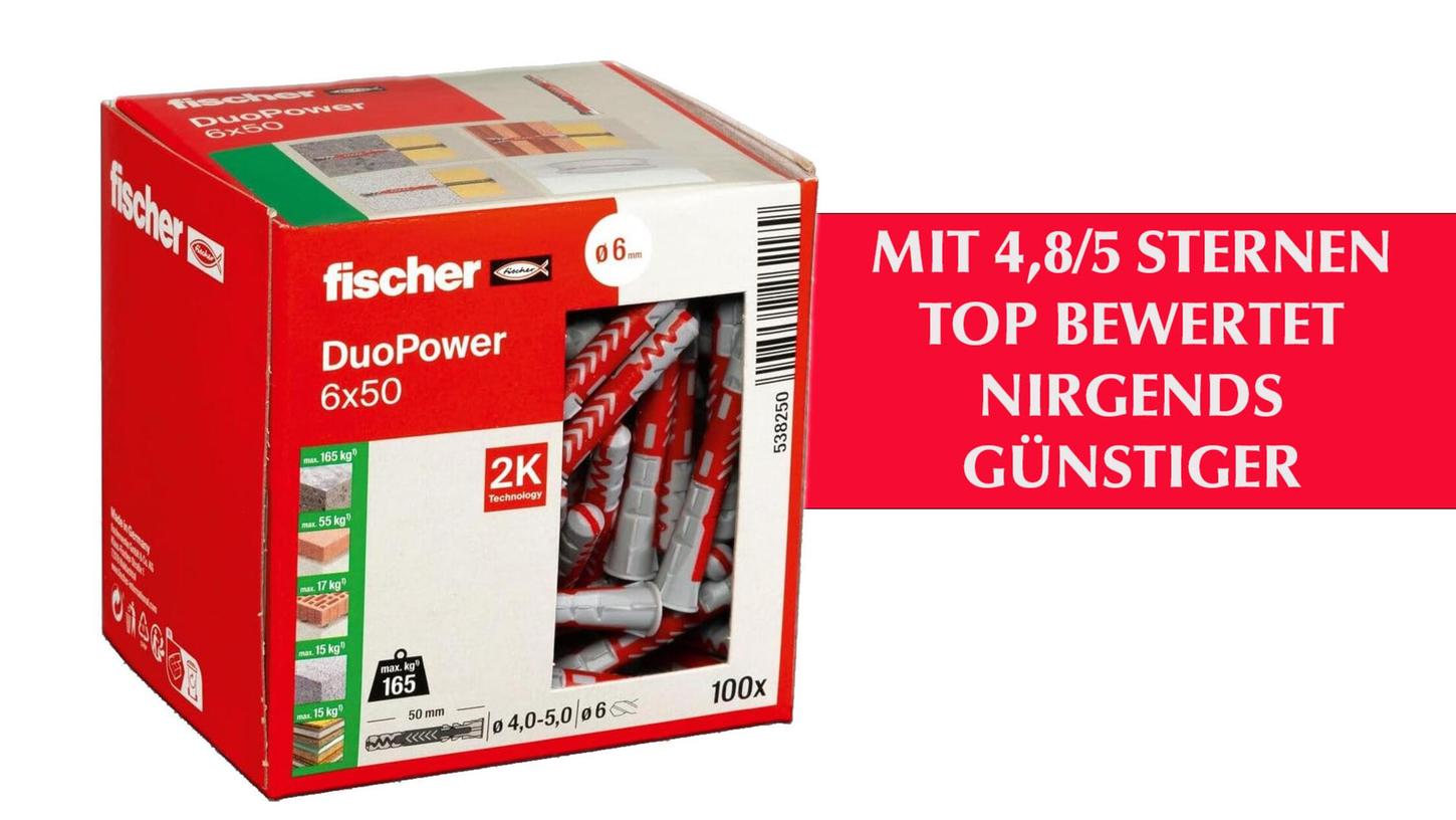 Die Fischer-Dübel sind aktuell mit 47 % Rabatt erhältlich. Die Fischer-Dübel sind aktuell mit 47 % Rabatt erhältlich.