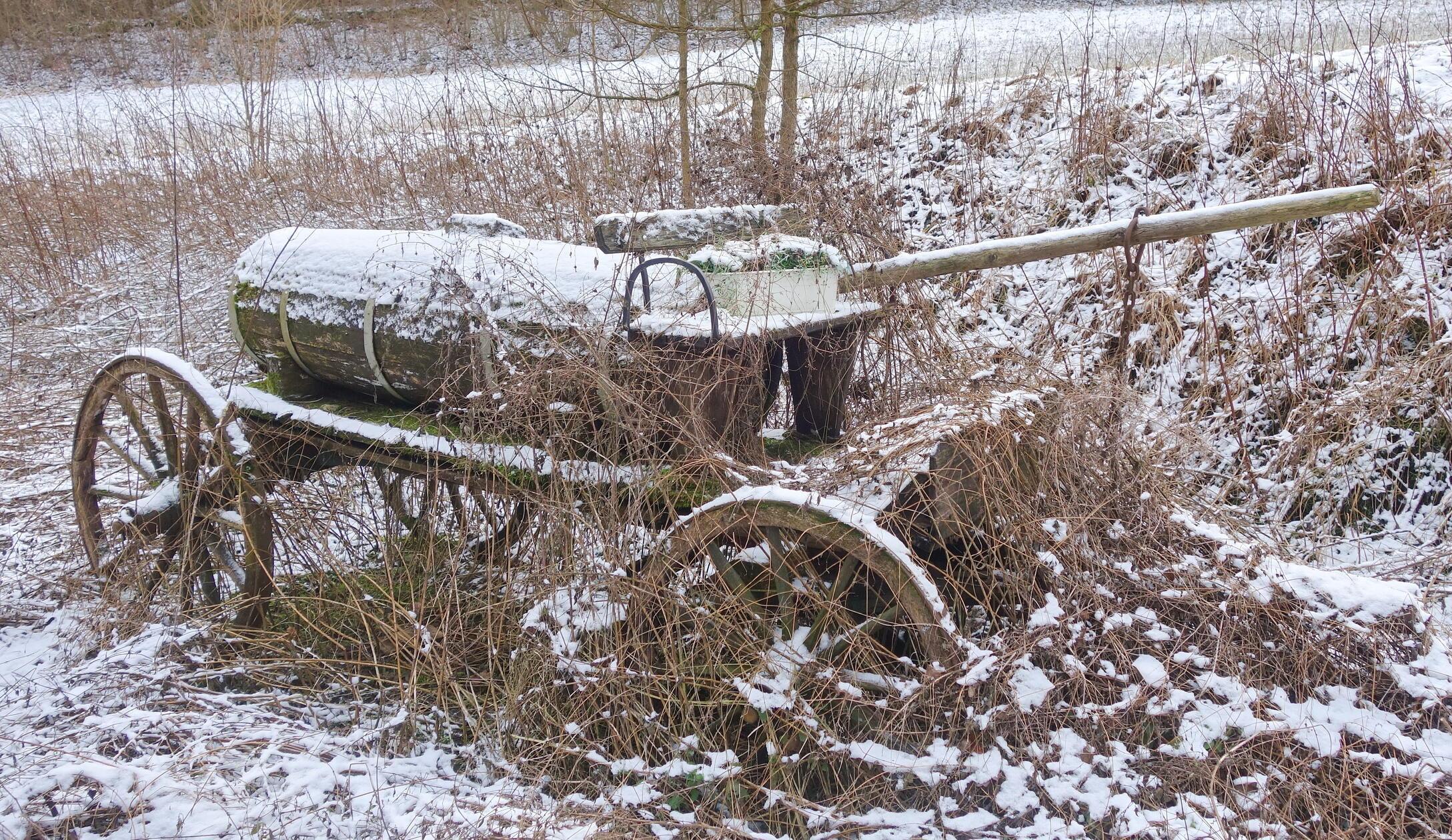 Einsam und verlassen steht dieses landwirtschaftliche Gefährt in der winterlichen Landschaft zwischen Hirschbach und Vorra.