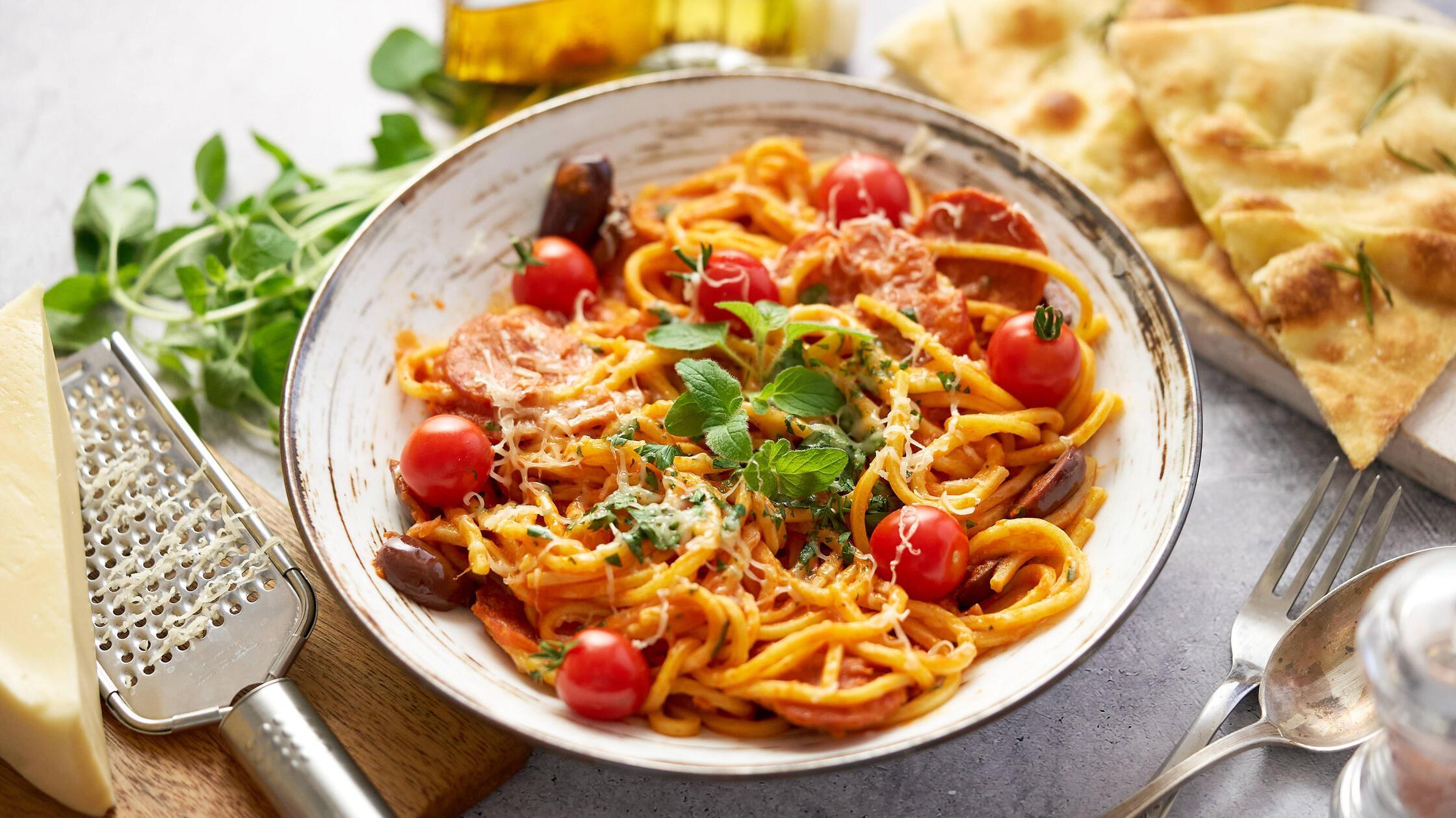 Tasty appetizing pasta served with tomato sauce Ta