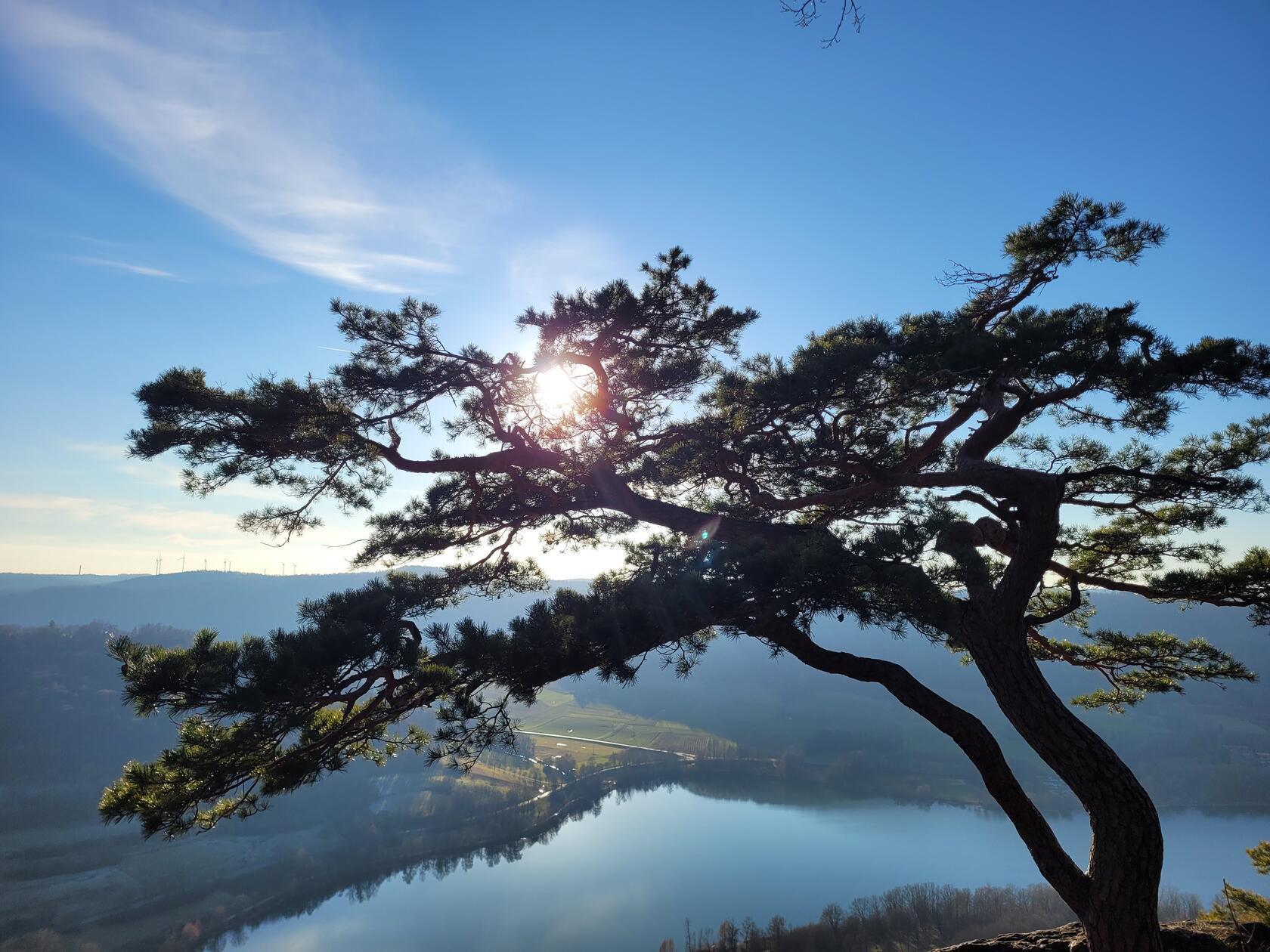 Blick vom Hohlen Fels auf den Happurger Stausee bei traumhaftem Wetter.