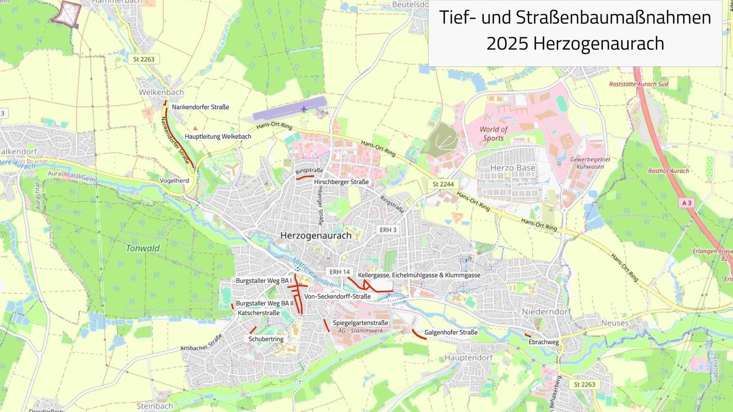 Die Grafik zeigt die in diesem Jahr geplanten Baumaßnahmen im Stadtgebiet Herzogenaurach. Die Grafik zeigt die in diesem Jahr geplanten Baumaßnahmen im Stadtgebiet Herzogenaurach.