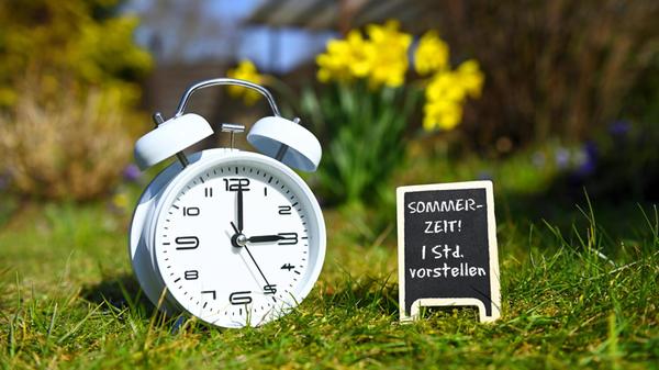 FOTOMONTAGE, Weißer Wecker vor Frühlingsblumen mit