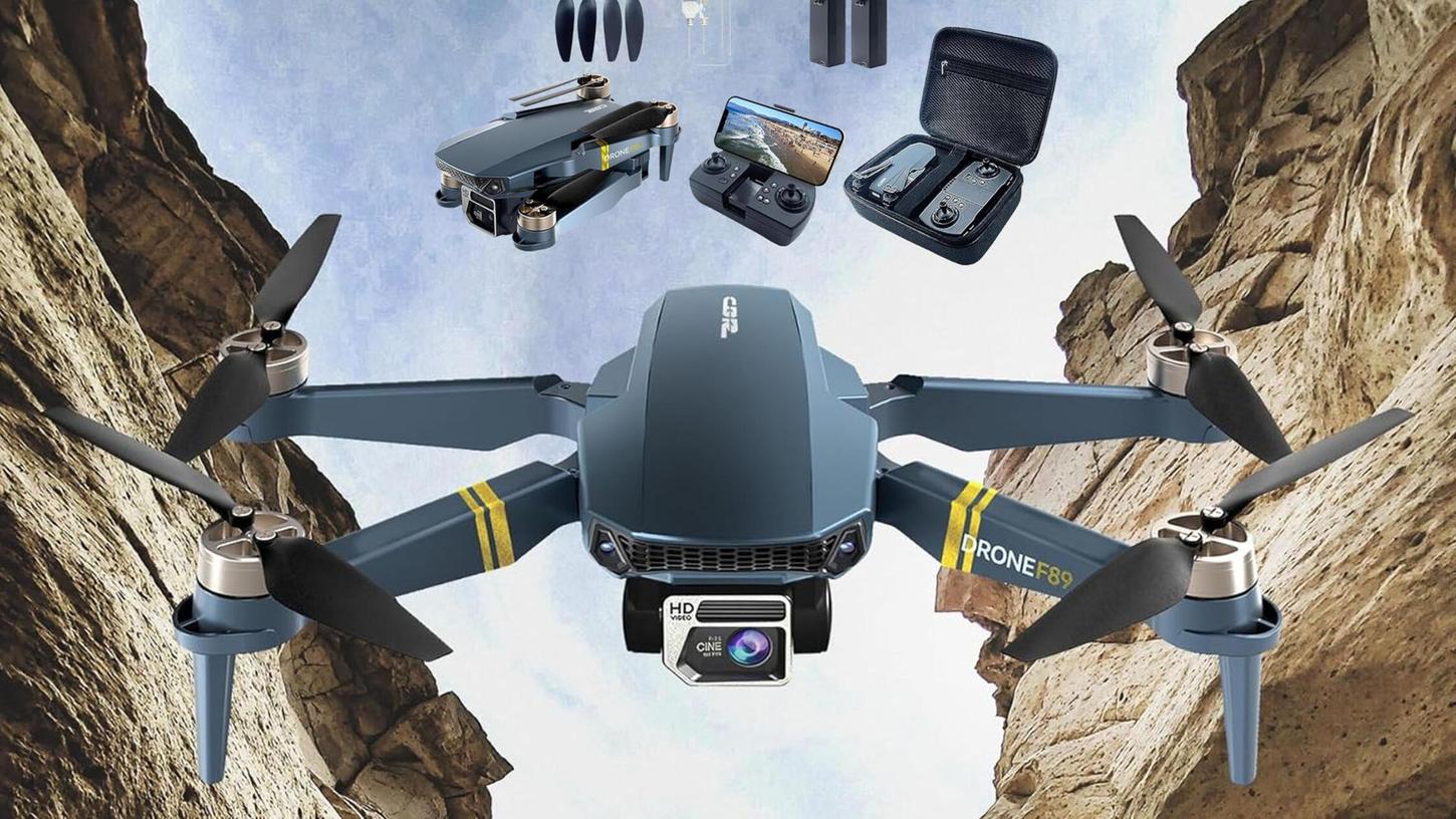 Die günstige 4K-Drohne kommt mit zwei Akkus für eine Gesamtflugzeit von rund 40 Minuten. Die günstige 4K-Drohne kommt mit zwei Akkus für eine Gesamtflugzeit von rund 40 Minuten.