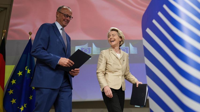 Bundeskanzler Friedrich Merz (CDU) und EU-Kommissionspräsidentin sowie Parteikollegin Ursula von der Leyen treten bei ihrer Pressekonferenz zuversichtlich auf. Bundeskanzler Friedrich Merz (CDU) und EU-Kommissionspräsidentin sowie Parteikollegin Ursula von der Leyen treten bei ihrer Pressekonferenz zuversichtlich auf.