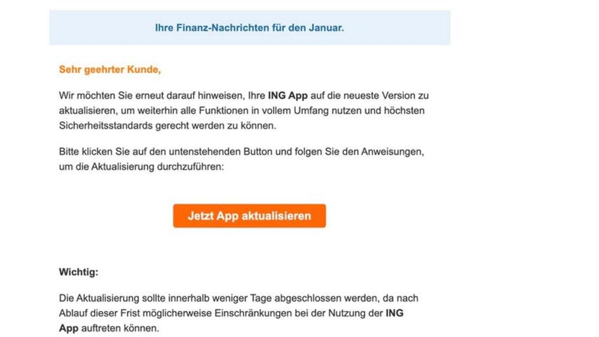 Derzeit warnt die Verbraucherzentrale vor einem Fake-Schreiben im Namen der ING DiBa. Derzeit warnt die Verbraucherzentrale vor einem Fake-Schreiben im Namen der ING DiBa.