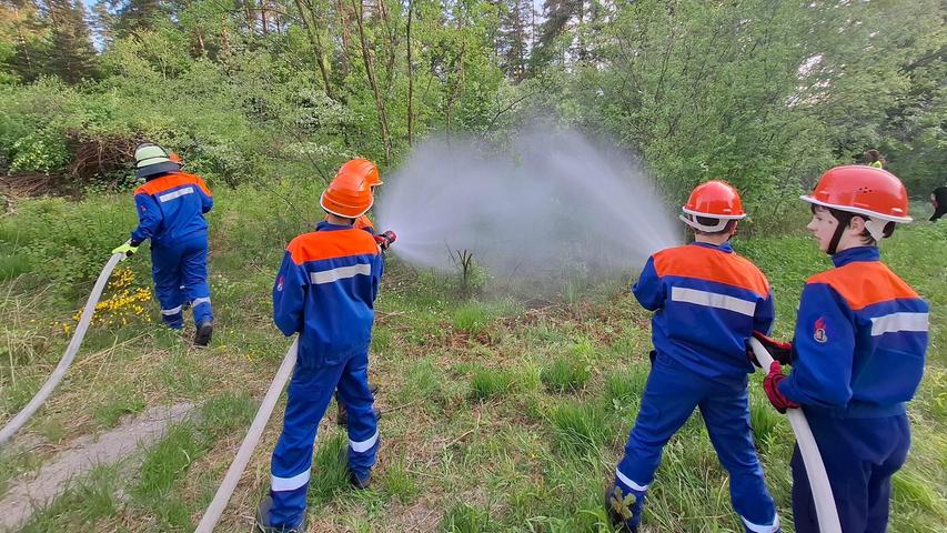 Wasser marsch! Frisches Wasser für den leeren Teich - im Rahmen einer Übung der Jugendfeuerwehren Altdorf und Winkelhaid wurde das Biotop im Wald vorerst gerettet. Wasser marsch! Frisches Wasser für den leeren Teich - im Rahmen einer Übung der Jugendfeuerwehren Altdorf und Winkelhaid wurde das Biotop im Wald vorerst gerettet.