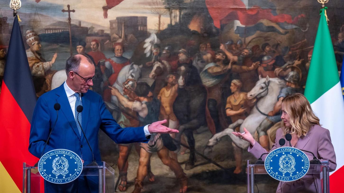 Bundeskanzler Friedrich Merz (CDU) und Italiens rechte Ministerpräsidentin Giorgia Meloni. Bundeskanzler Friedrich Merz (CDU) und Italiens rechte Ministerpräsidentin Giorgia Meloni.