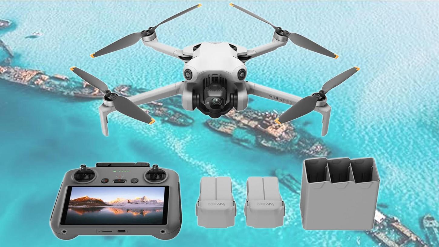 Die Top-Drohne kommt mit Display-Controller, drei Akkus, Dreifach-Ladestation und Umhängetasche. Die Top-Drohne kommt mit Display-Controller, drei Akkus, Dreifach-Ladestation und Umhängetasche.