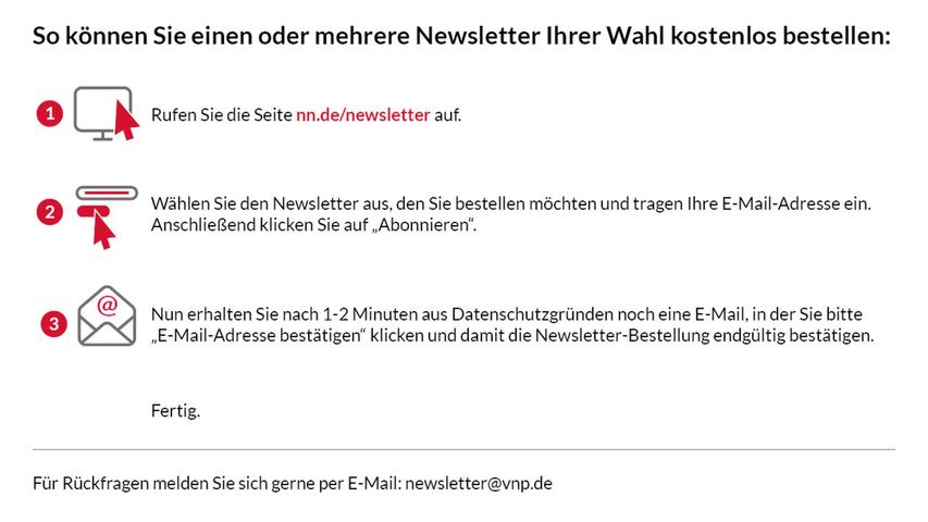 Drei Schritte bis zur Anmeldung: So einfach abonnieren Sie einen der Newsletter von NN.de - und bleiben damit immer bestens über Ihre Heimat informiert. Drei Schritte bis zur Anmeldung: So einfach abonnieren Sie einen der Newsletter von NN.de - und bleiben damit immer bestens über Ihre Heimat informiert.