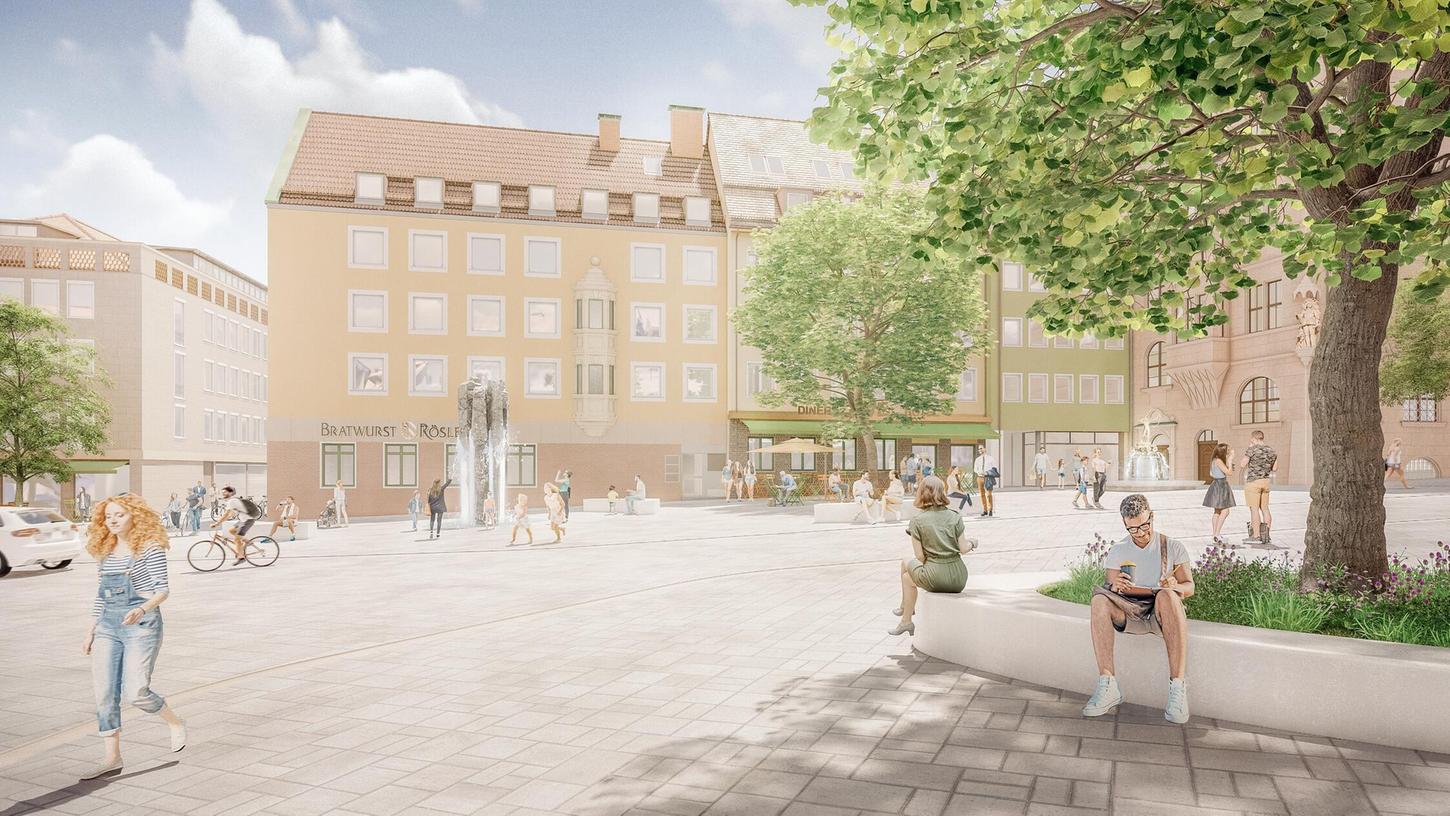 So schön soll der Obstmarkt einmal aussehen: Der überarbeitete Entwurf des Architekturbüros Schegk sieht entschieden mehr Grün vor. Der Stockzahnbrunnen, der sich jetzt noch an der Ecke der Commerzbank befindet, soll umziehen und vor dem „Bratwurst Röslein“ einen Akzent setzen. So schön soll der Obstmarkt einmal aussehen: Der überarbeitete Entwurf des Architekturbüros Schegk sieht entschieden mehr Grün vor. Der Stockzahnbrunnen, der sich jetzt noch an der Ecke der Commerzbank befindet, soll umziehen und vor dem „Bratwurst Röslein“ einen Akzent setzen.
