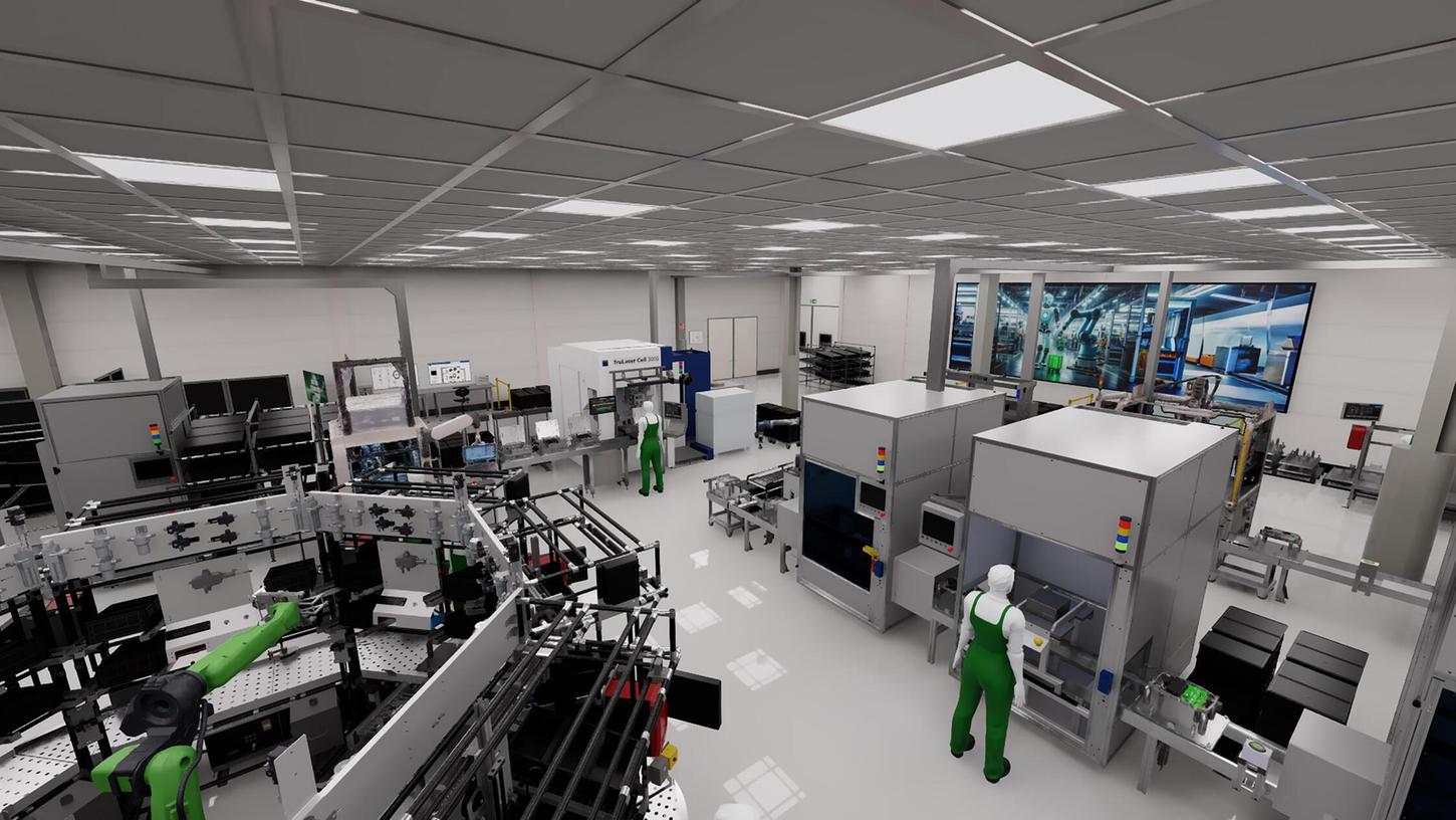 Der digitale Zwilling einer Fertigungslinie im Nvidia-Omniverse. Der digitale Zwilling einer Fertigungslinie im Nvidia-Omniverse.