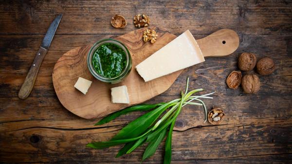 Wild garlic pesto with parmesan and walnuts on a r