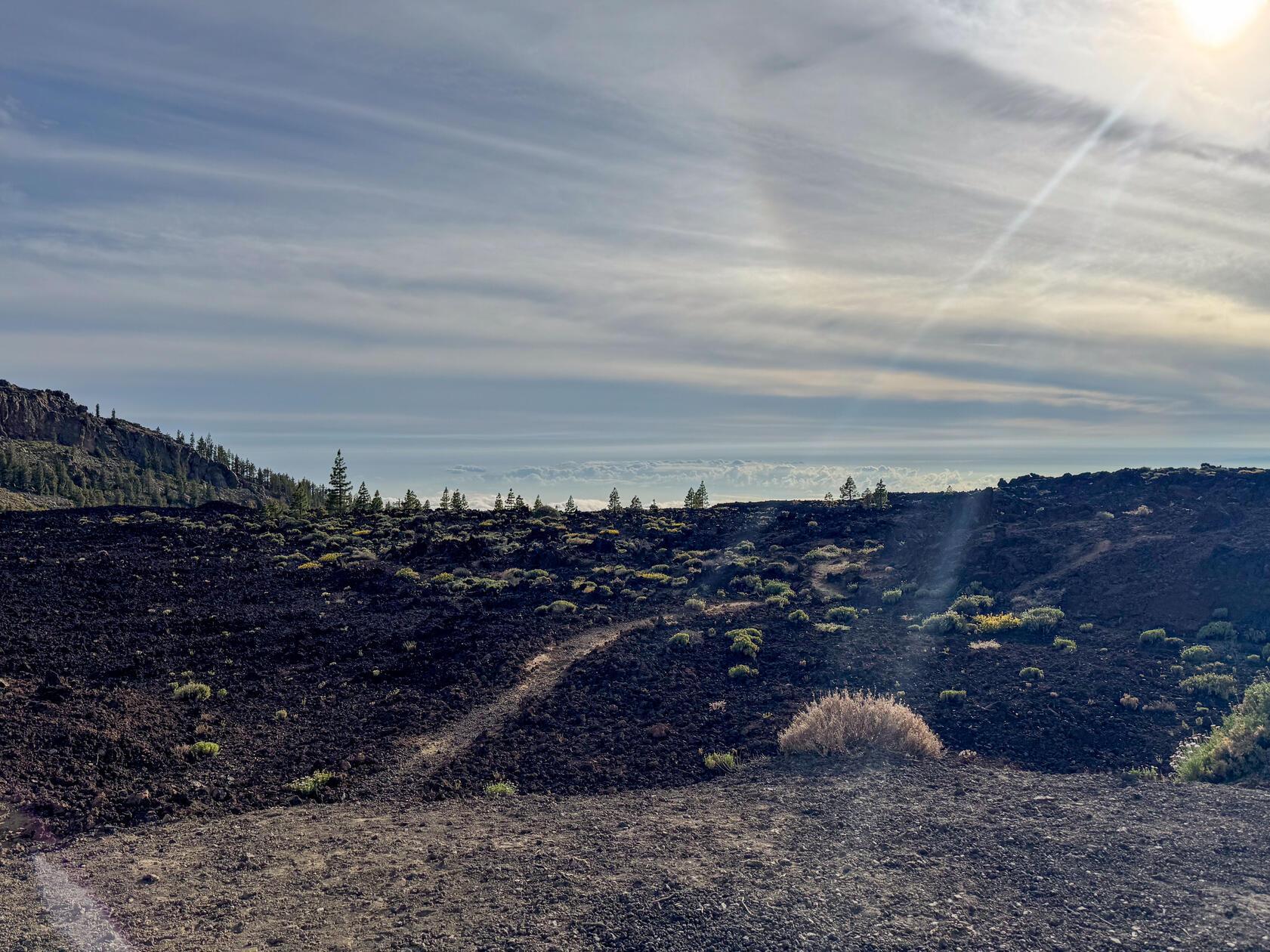 Blickt man von der Caldera hinab, muss man ersteinmal durch die Wolkendecke schauen. Die verdeckt von hier oben aus gesehen die Täler zum Meer.