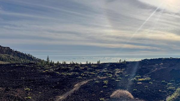 Blickt man von der Caldera hinab, muss man ersteinmal durch die Wolkendecke schauen. Die verdeckt von hier oben aus gesehen die Täler zum Meer.