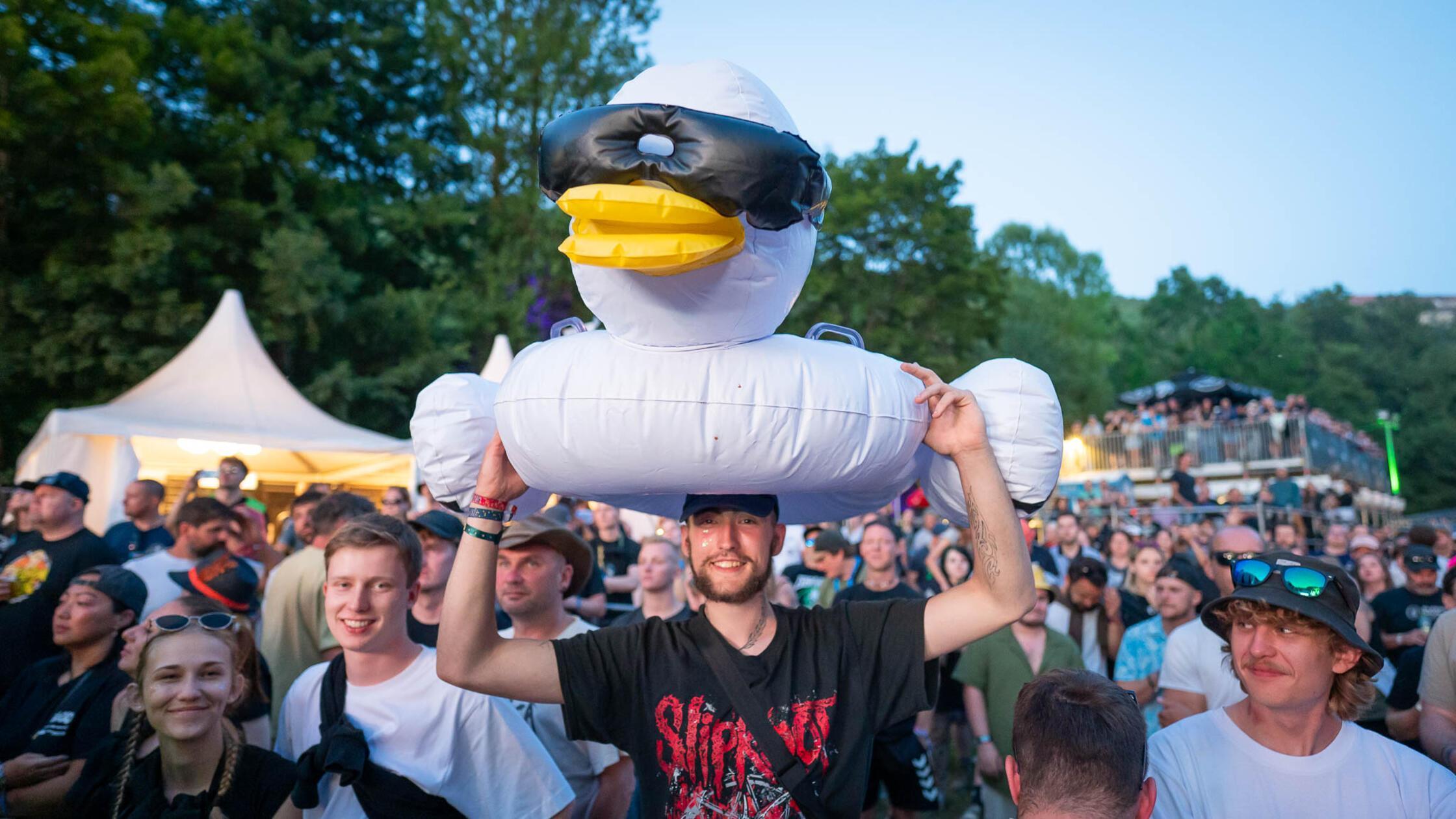Sogar große Enten mit viel Luft und Sonnenbrillen sieht man beim Taubertal.