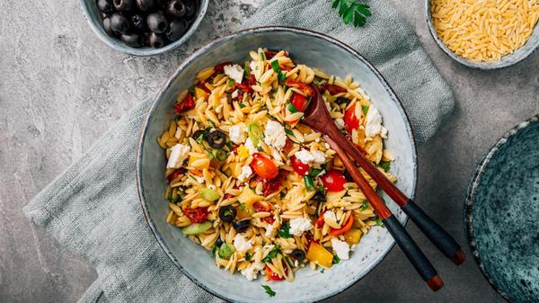 Homemade orzo pasta salad with feta