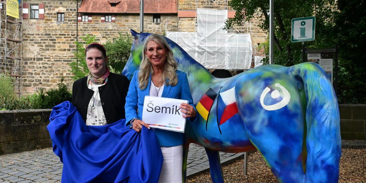 Ein blaues Pferd vor der Laufer Wenzelburg wirbt für Inklusion und ...