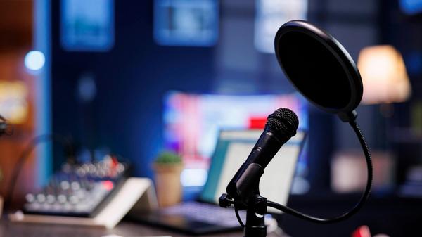Professional microphone resting on desk