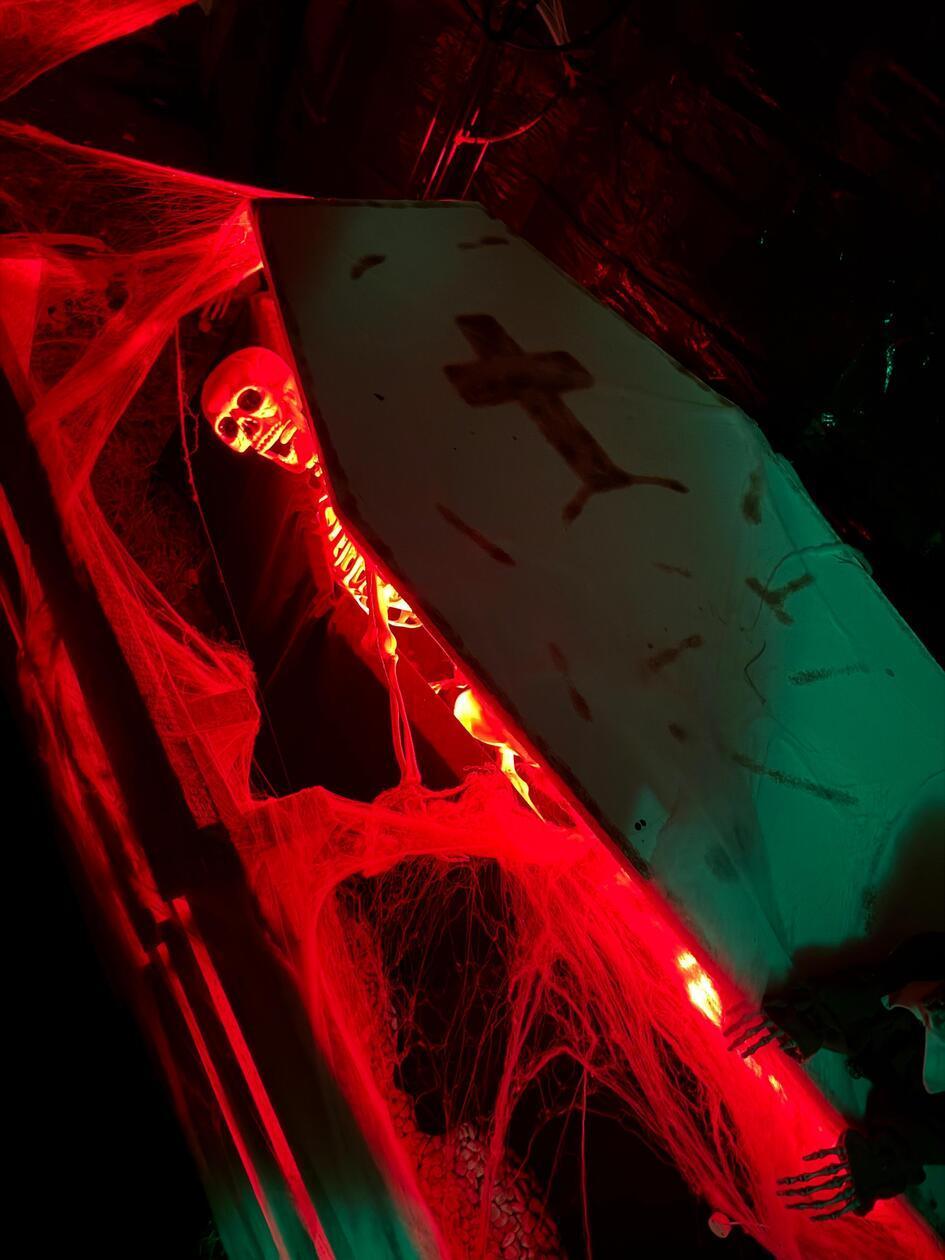 Die Familie arbeitet mit Lichtern, Nebelmaschinen und Figuren, die reagieren, sobald die Besucherinnen und Besucher vor ihnen stehen.