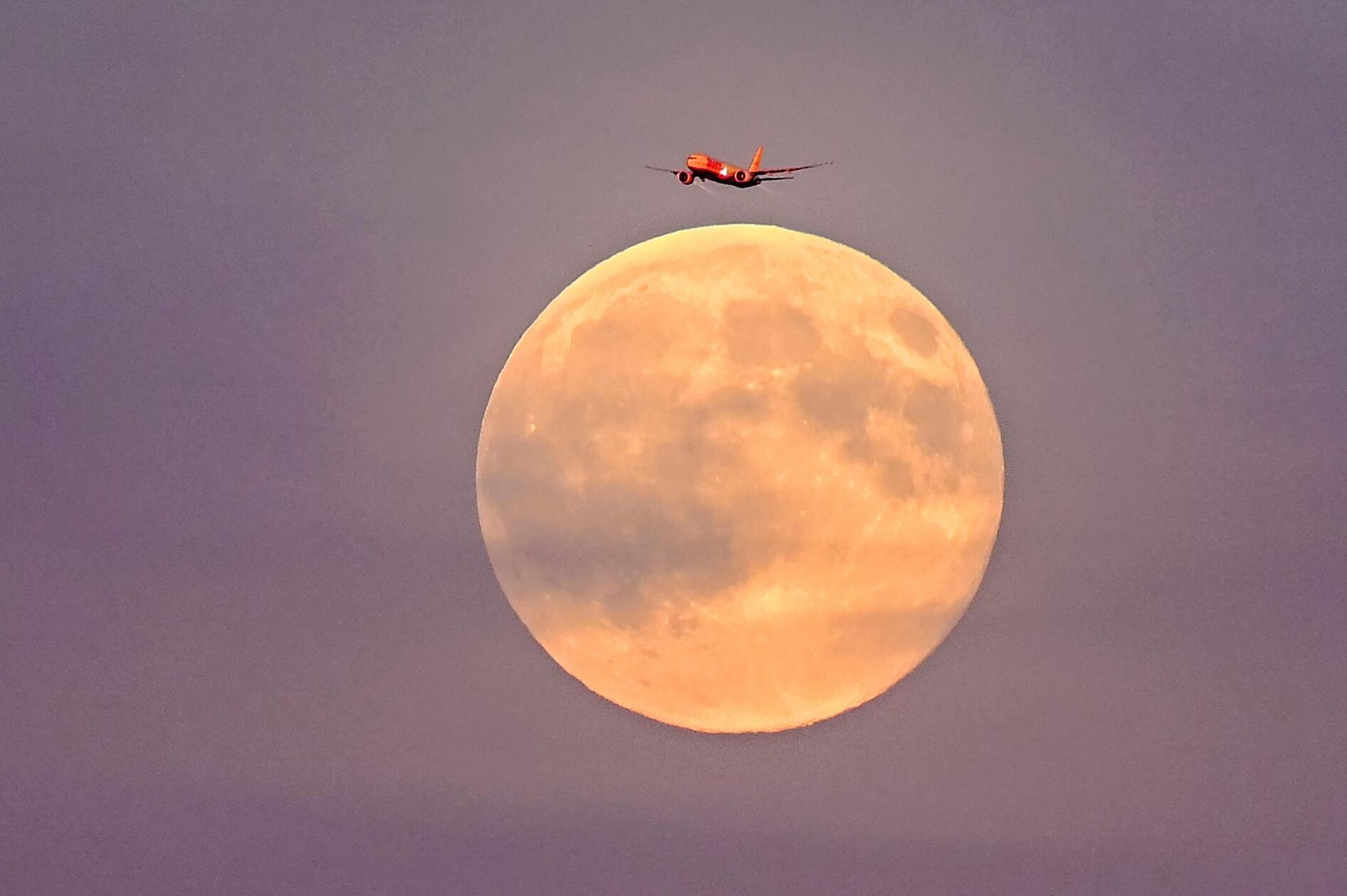 Ein Flugzeug fliegt vor dem Supermond am frühen Abend über Leipzig.