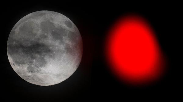 Der Vollmond steht neben einer roten Ampel am Himmel über Frankfurt.