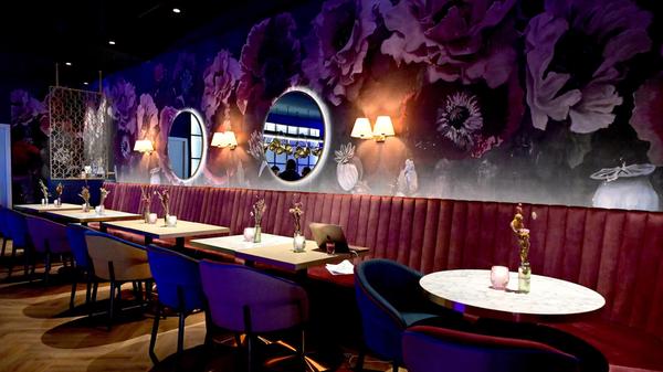 Typisch für das Ambiente der Gastro-Kette ist das verspielte und doch moderne Design: Viele Spiegel, viel Grün, goldene Elemente und Plüschsofas finden sich hier.