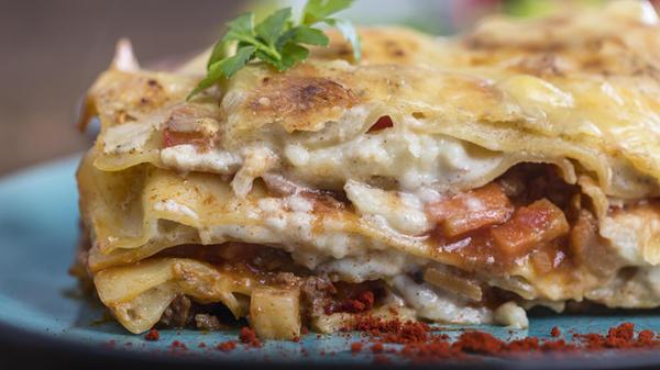 closeup of a portion lasagna