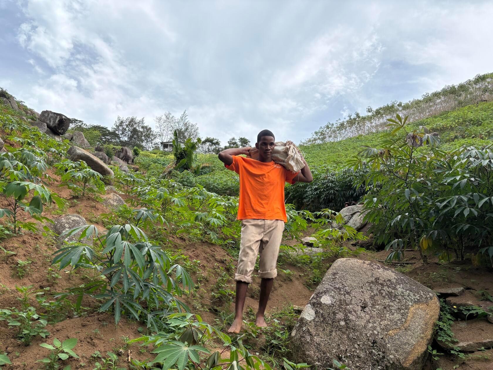 Schwere Säcke voller Wurzelknollen trägt dieser Junge Mann den Berg hinunter. Dort werden die "Cassavas" weiterverarbeitet.