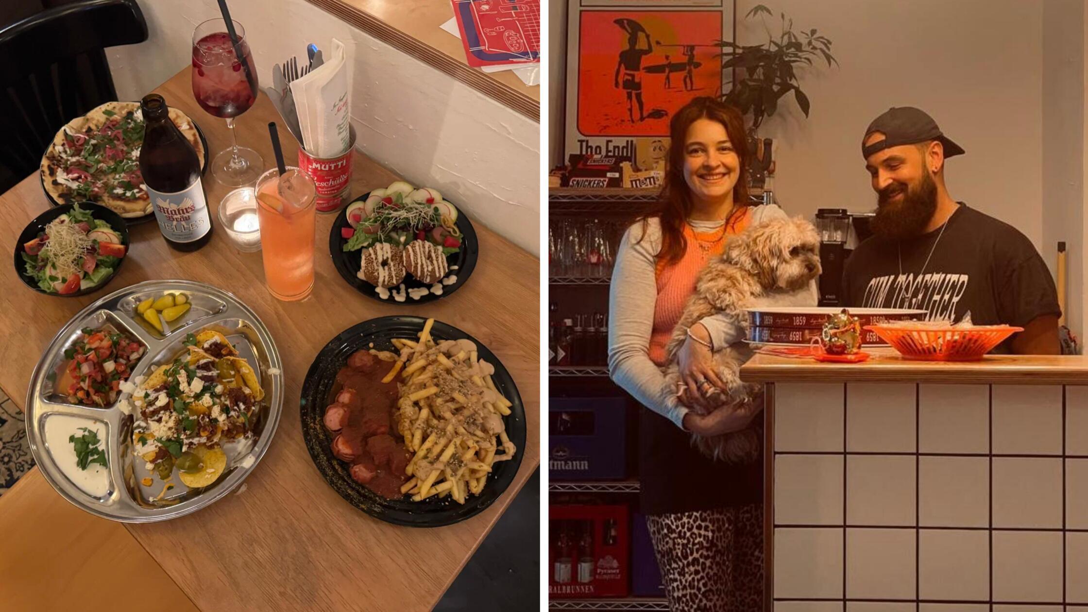 Julia Hirschmann und Paul Specht tischen in ihrer Imbiss-Kneipe "KBH" seit dem Frühjahr ganz schön auf. Immer mit dabei: Hund Lotti. Neben der selbst-renovierten Theke stehen im Innenraum zwei große Kühlschränke mit Selbstbedienungs-Gebot. Denn die Kneipe mit den drei Buchstaben ist nicht nur eine Kneipe, sondern vereint auch Eigenschaften eines Imbisses, eines Spätis und im Sommer auch eines Biergartens in sich.