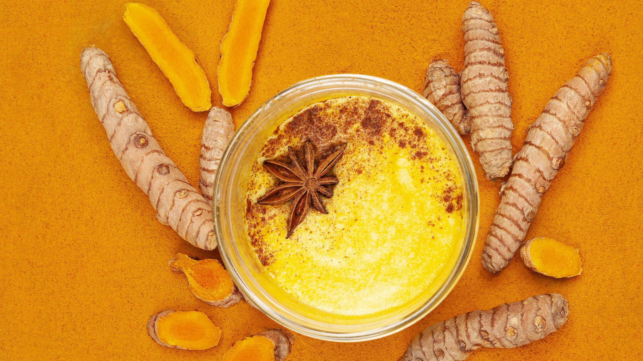 Traditional indian drink turmeric latte or golden 