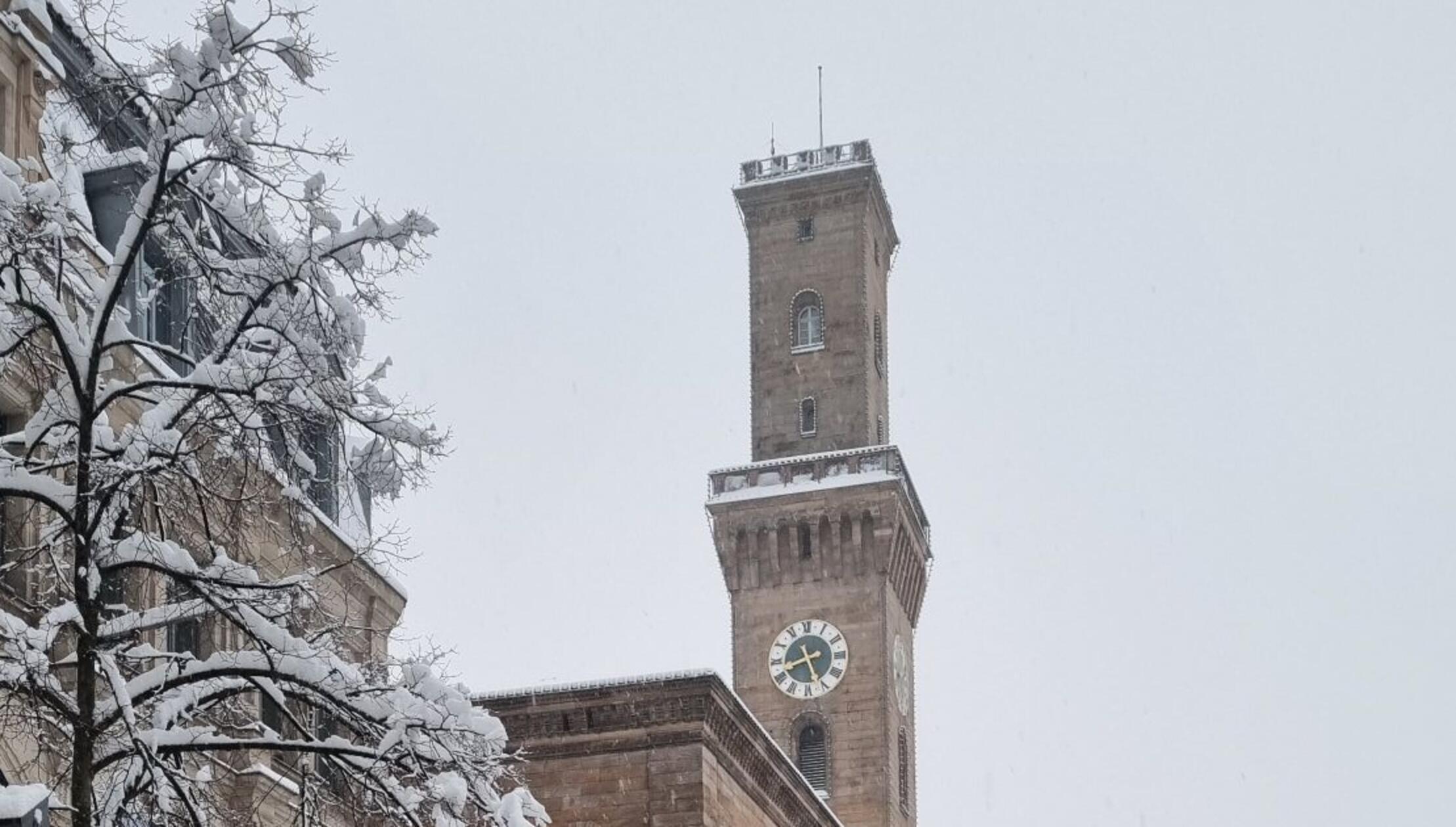 Auch das Fürther Rathaus ist weiß bedeckt.