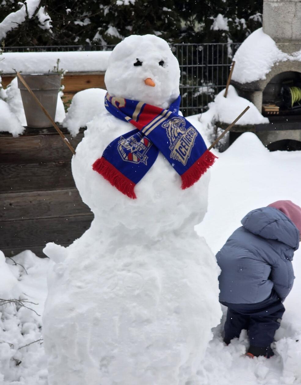 Ob der Schneemann wirklich einen Schal braucht? Wenn ja, trägt er aber den richtigen - von den Ice Tigers!