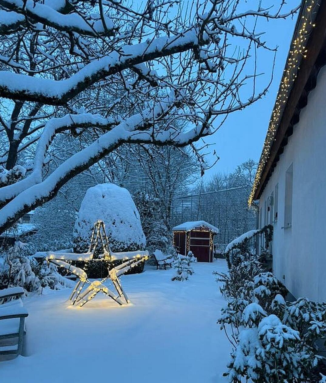 Vor dieser Kulisse hat es sich gelohnt, die Weihnachtsbeleuchtung etwas länger hängen zu lassen.