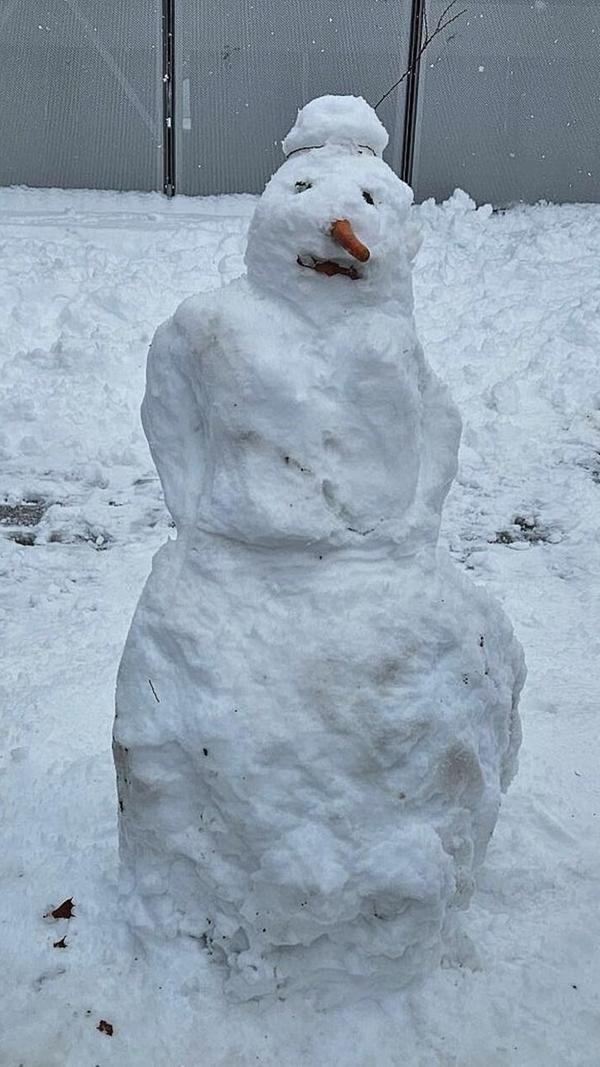 Klassisch mit Möhrennase schaut dieser Schneemann in Schwabach wärmeren Zeiten entgegen.