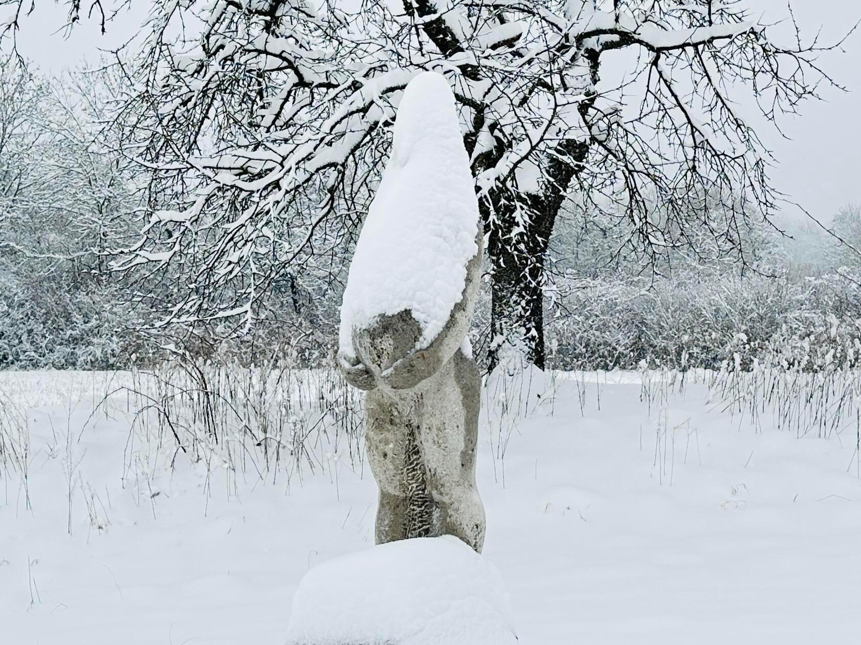 Unser Leser Peter Neumeier hat uns ein Bilder der Skulptur von Monika Ritter am Skulpturenweg Walberla in winterlicher Landschaft geschickt: "Vom Schnee verwandelt in eine kleine, schwangere Schneefrau", schreibt er.
