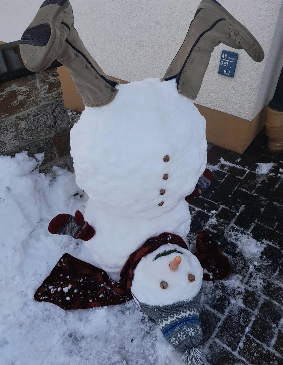 Platz 1: Schneemann steht Kopf hat 95 Stimmen für sich gewonnen und ist damit Sieger unserer Schneemann-Abstimmung. Herzlichen Glückwunsch an Sabine Maria!