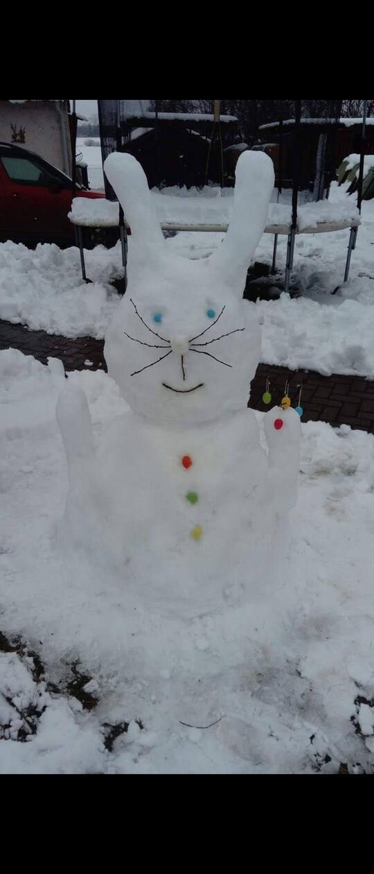 Ist denn heut schon Ostern? Im Garten von Nicole Röhr schon: Mit diesem wunderbaren Schnee-Hasi.