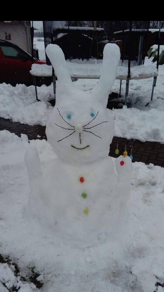 Ist denn heut schon Ostern? Im Garten von Nicole Röhr schon: Mit diesem wunderbaren Schnee-Hasi.